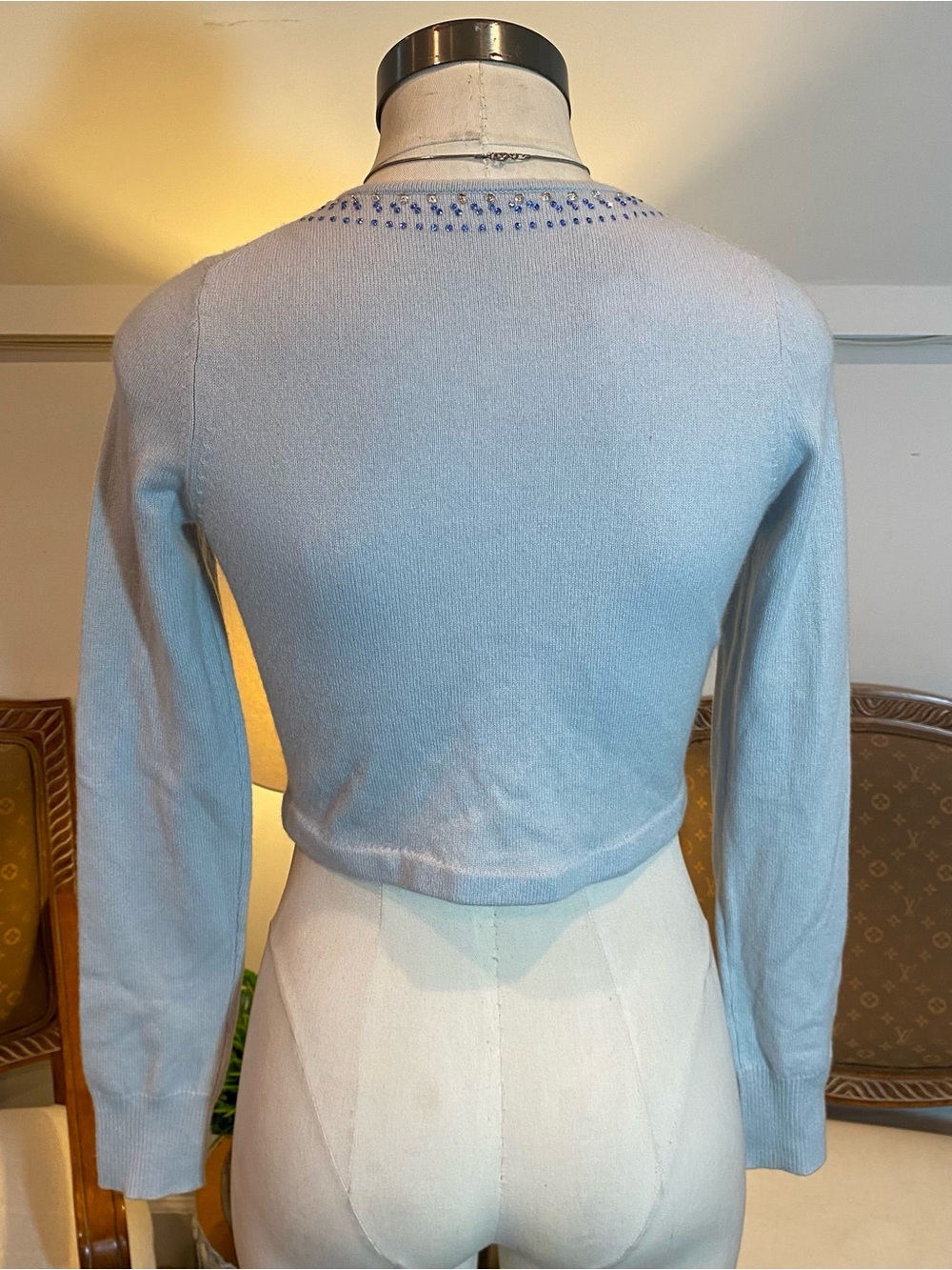 Saks Fifth Avenue 100% Cashmere Jeweled Cropped Cardigan Baby Blue Size XS - Picture 4 of 5